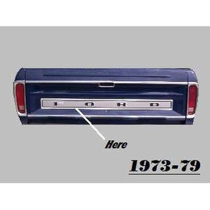 Tailgate finish panel, FORD (bright dip anodized, with black detailing) 1973-79 (D3TZ-99425A34-A)