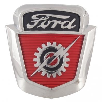Front Hood Emblem, CHROME & RED, (gear & lightening bolt style) 1953-56 (BAAA-16637-A)