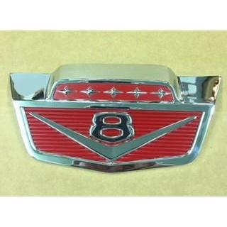 Front hood emblem,, CHROME & RED, (V8 style) 1965-66 (C1TZ-16607-A)